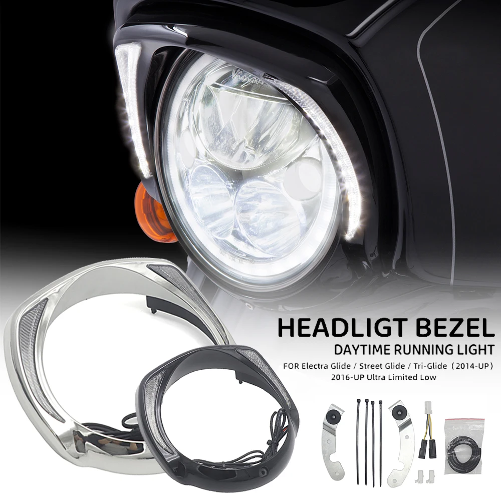 

LED Anti-Collision Headlight Bezel Daytime Running Light For Harley Touring Tri Road Street Electra Glide FLHTCU