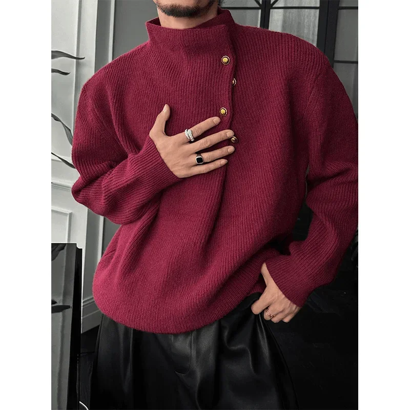 High-end Luxury Design Trend Coats Autumn Winter Knitwear Sweater Men High Neck Button Long Sleeve Pullover Business Casual Tops