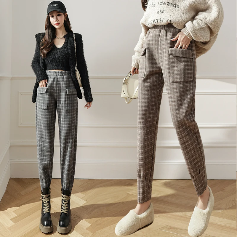 

Ladies Chic Fashion Fit OL Lattice Woolen Harlan Pants Women Clothing Girls High Waist Trousers Female Streetwear Clothes BPy273