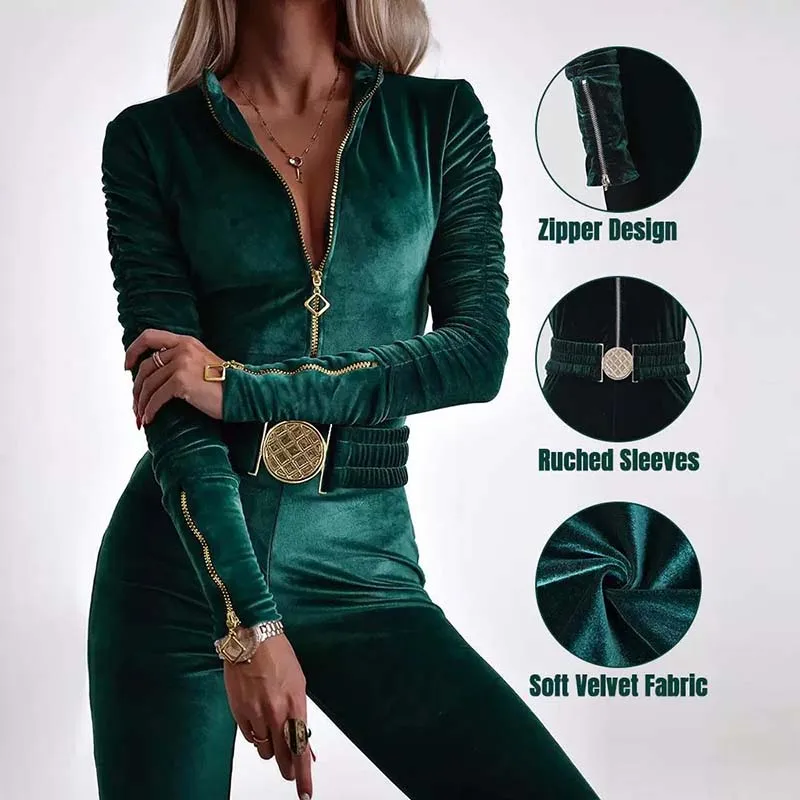 Green Zip-up Belt Velvet Long Sleeve Jumpsuit Women Casual Sportswear High-waist Rompers Solid Color Jumpsuits Spring Autumn