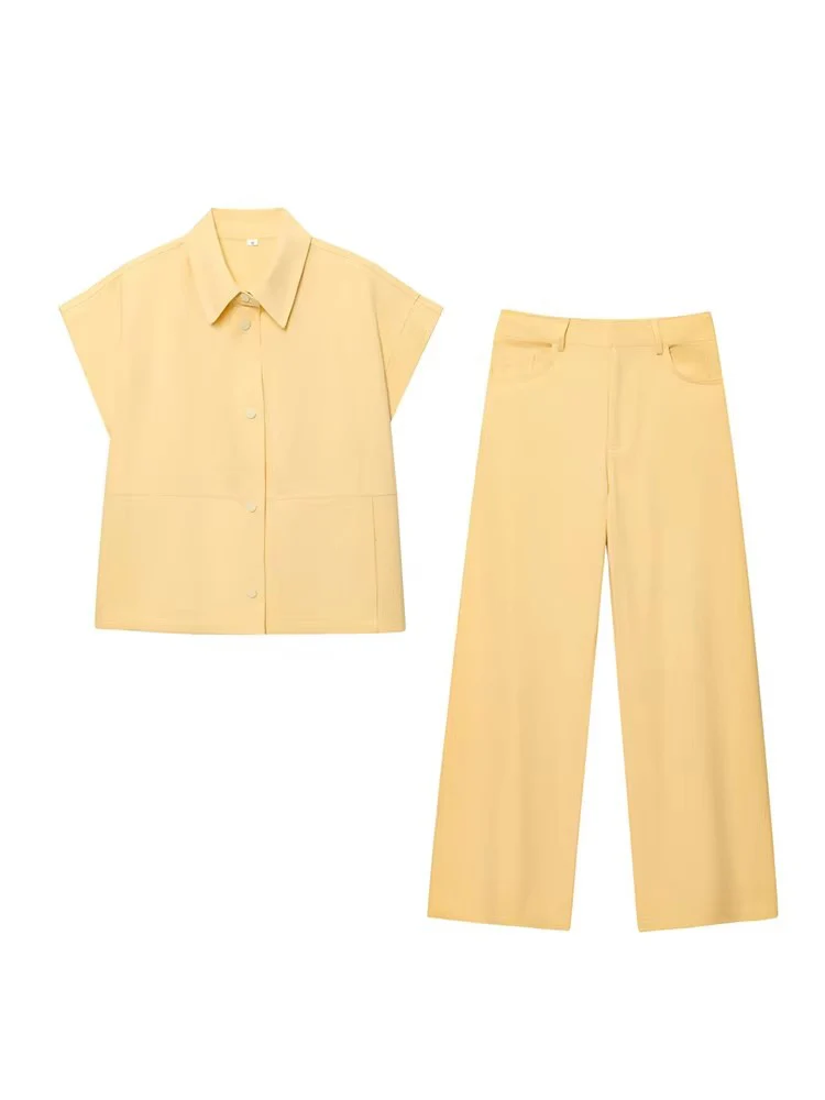 스트리트 패션 조끼 바지 세트 여성 투피스 라펠 반팔 조끼 와이드 레그 바지 2025 여름 캐주얼 의상