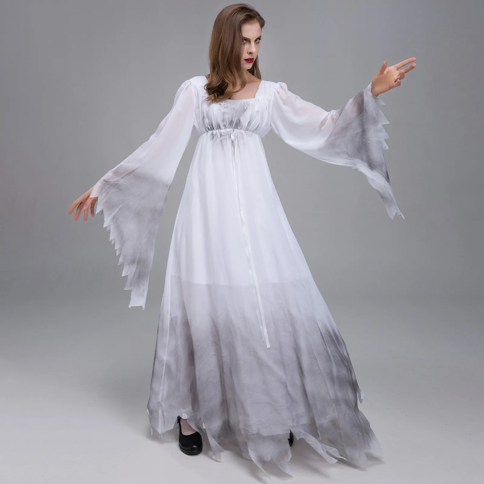 Frauen Halloween Cosplay Braut Kostüm gruselige Braut Rollenspiel Kleid Vierkant Hals Langarm leichte Ghost Zombie Kleid