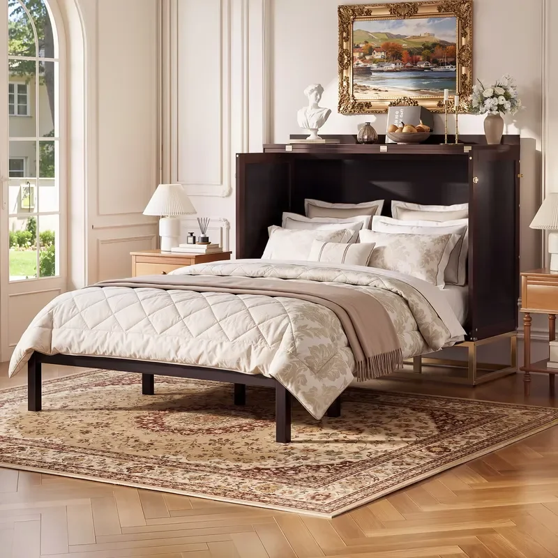 Modern Murphy Queen Bed Wood Panel Metal Legs Imitation Drawer Space Saving Storage Wall Bed view 3