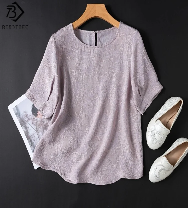 

Birdtree 20MM 100% Mulberry Silk Light Purple Tshirt,Women Jacquard Crepe O-neck Short Sleeve Loose Shirt,2025 New T57433JF