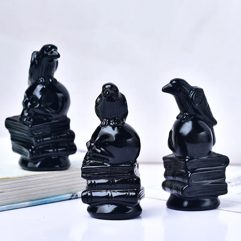 Natural Obsidian Hand Carved Book Crow Skull Family Home Ornament Perfect Gift for Bird Lovers - Animal Spirit Stone - Mineral