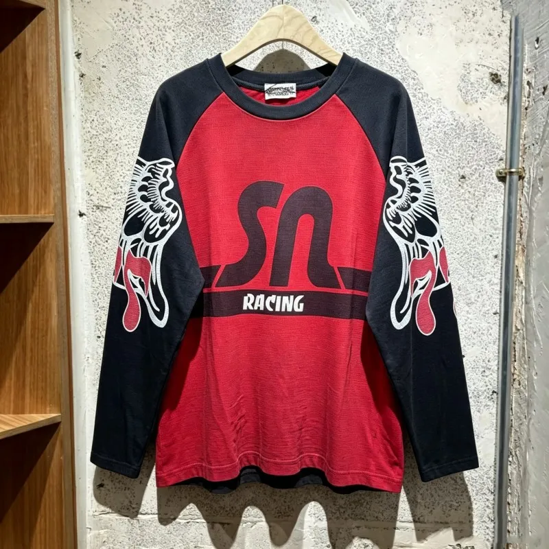 High Street American Casual Loose Black Patchwork Long Sleeved Red Waffle Round Neck Sweatshirt Men Women Satoshi Pullover Tops