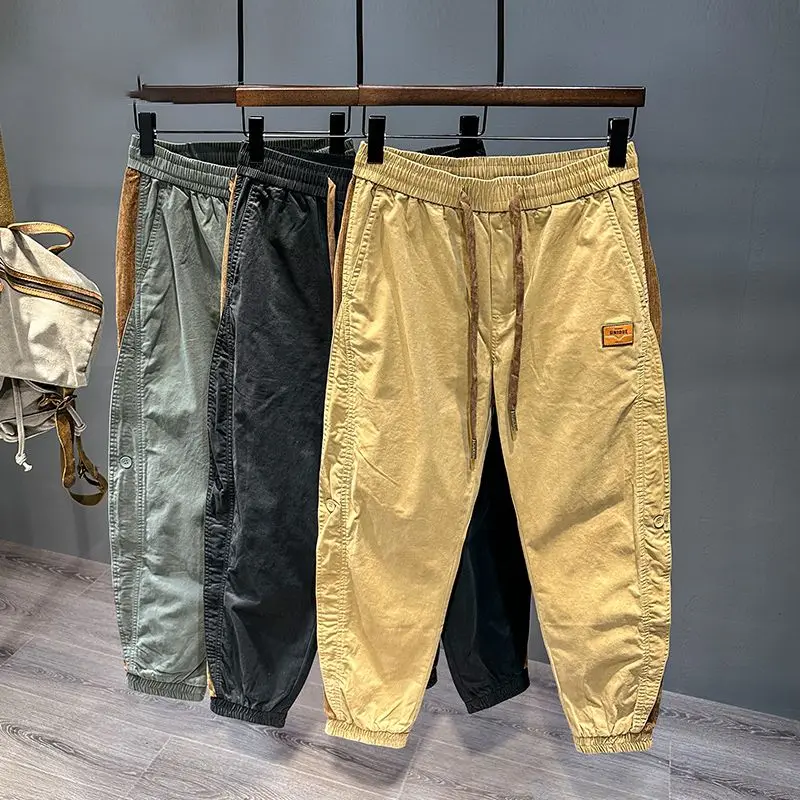 American Work Pants Men Spring and Autumn Handsome Tying Feet Casual Loose Splicing Contrasting Color Sports Trousers