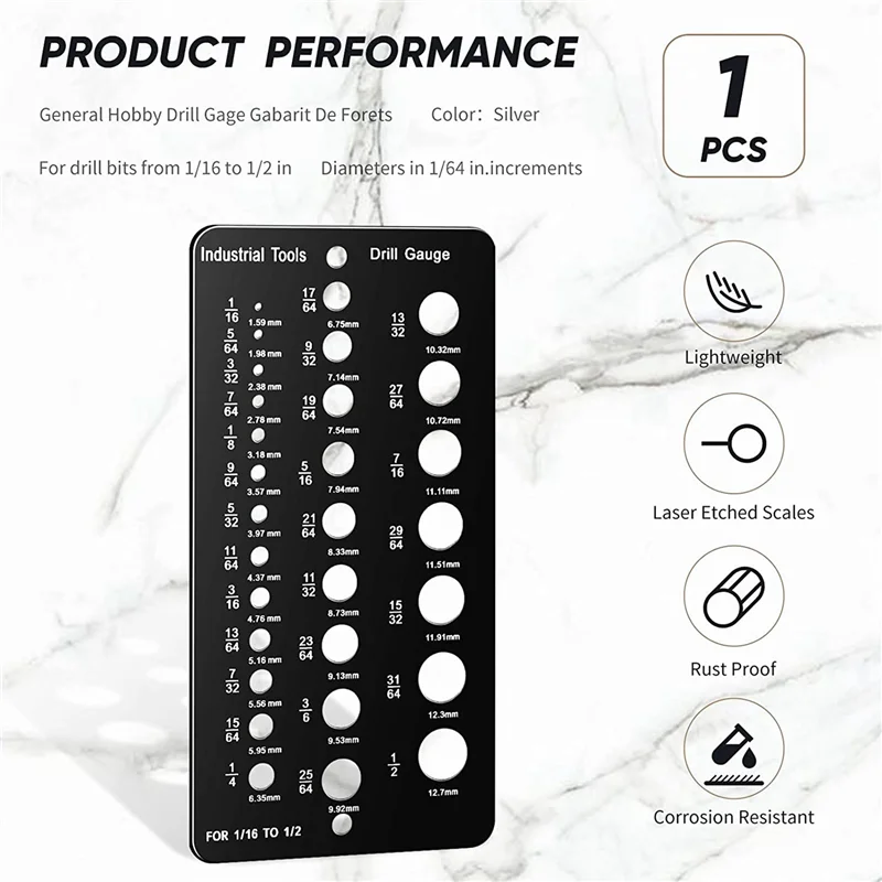 A40T 2X Calibro per punta da trapano da 1/16 pollici a 1/2 pollici, dimensioni della vite e calibro per filettatura pollici e calibro per trapano decimale Guida alle dimensioni della punta da trapano