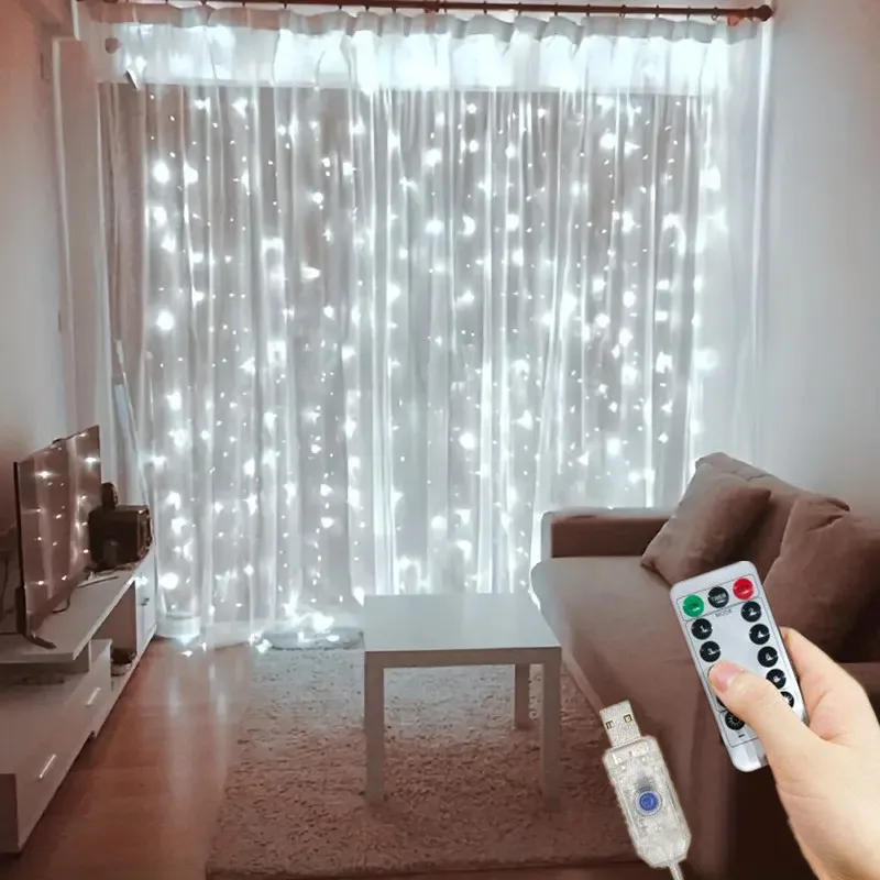 LED Curtain String Lights, Fairy Light, Guirlanda, USB, Feriado, Decoração de Casamento, Festa de Natal, Ano Novo, 8 Mode, 3 m, 4 m, 6m, 2022