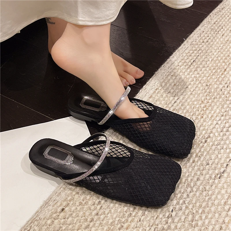 Flat Sandals Fashion Square Toe Mesh Breathable Rhinestone Slip Anti-Slip Wear-Resistant Slippers