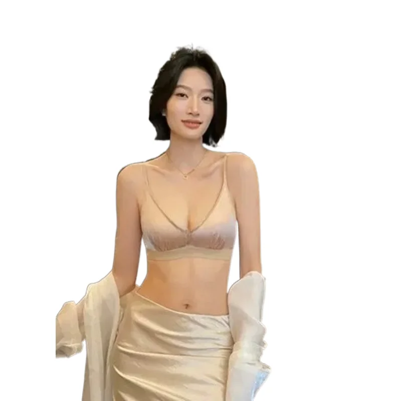 KUCLUT Trendy French Satin Lace Bra Triangle Cup Wireless Thin Seamless Everyday Lingerie Push Up No Empty Cup For Women 32-38