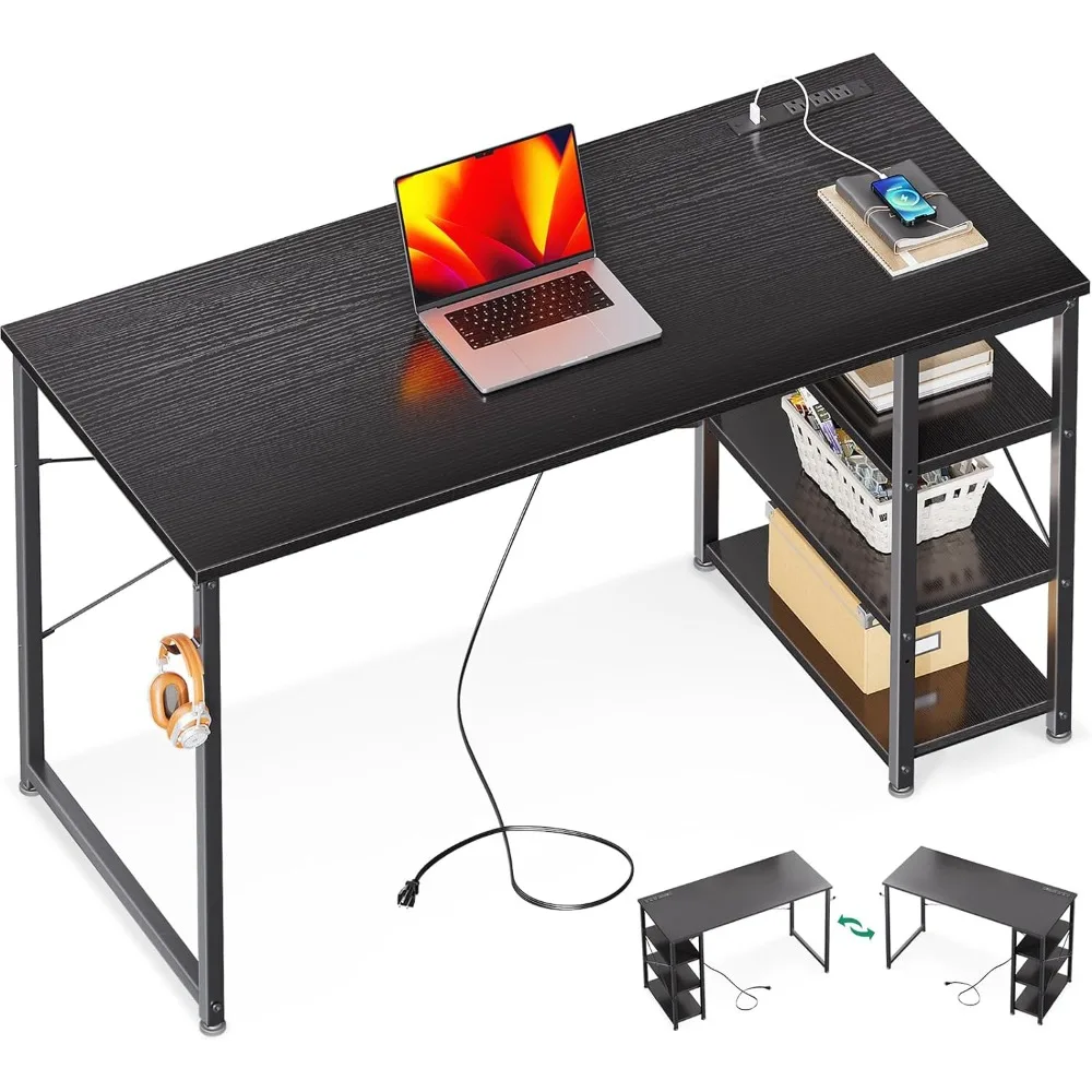 

Computer Desk Study Table, Power Outlet and USB & Type C Charging Port, Writing Desk with 3-Tier Reversible Storage Shelf Mesa