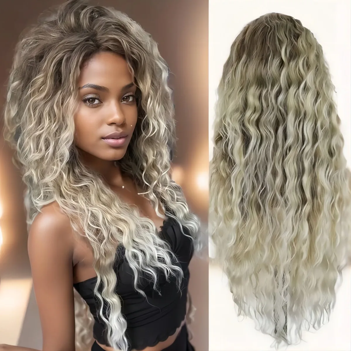 Peluca rizada rubia ceniza para mujer, cabello sintético largo y rizado, peinado esponjoso, onda Ombre, disfraz, fiesta de carnaval, peluca Regular