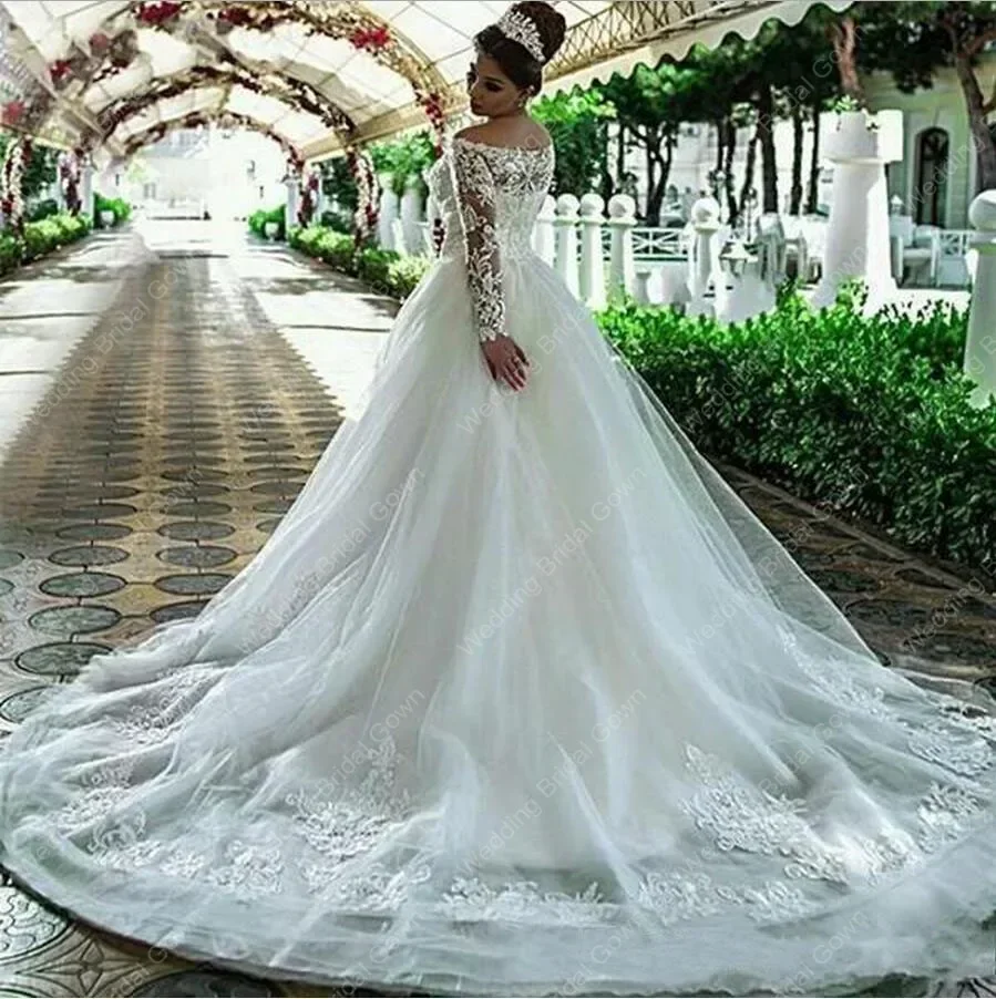 Maßgeschneiderte schulterfreie Applikationen, Spitze, 2024, transparente lange Ärmel, Brautkleid in Übergröße, Hofzug, Brautkleider, Vestidos