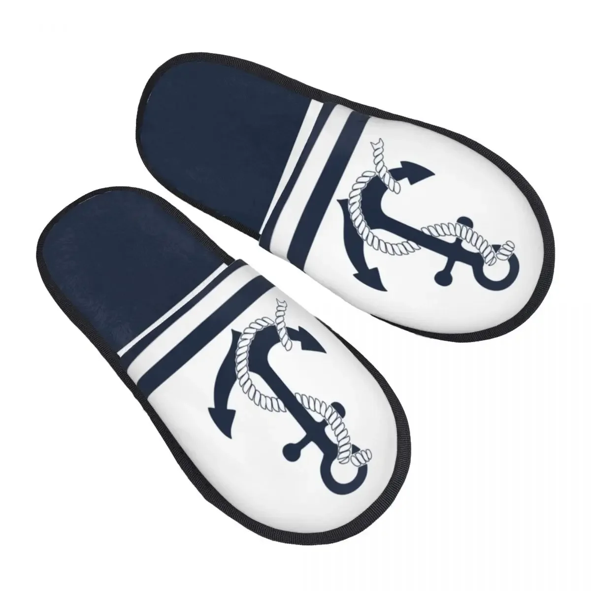 Custom Nautical Blue Anchors Blue White Stripes House Slippers Sailing Sailor Memory Foam Fluffy Slipper Indoor Outdoor Shoes