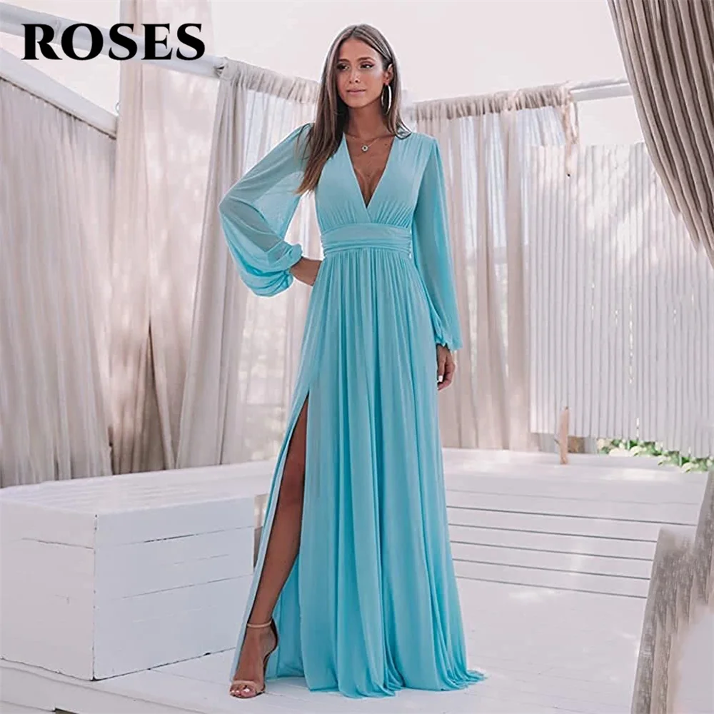 

Women's Long Sleeve Side Slit Pleated Long A Line Bridesmaid Dresses for Wedding Formal Gown Chiffon Evening Prom Dress