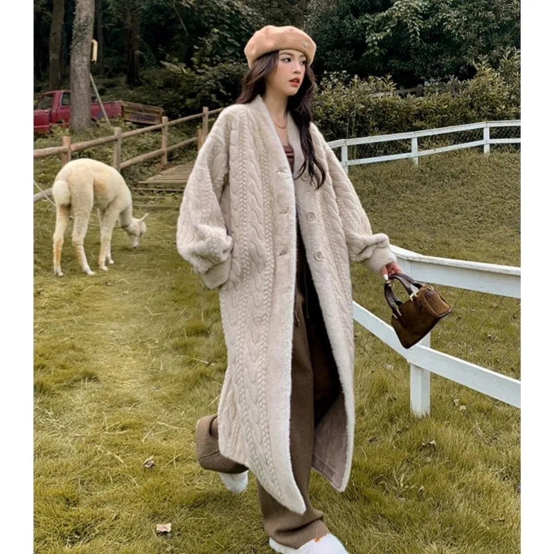 Winter Light Khaki Embossing Twist Pattern Faux Mink Fur Coat CHIC Women Below Knee Full Sleeve Loose Warm Long Jacket Outercoat