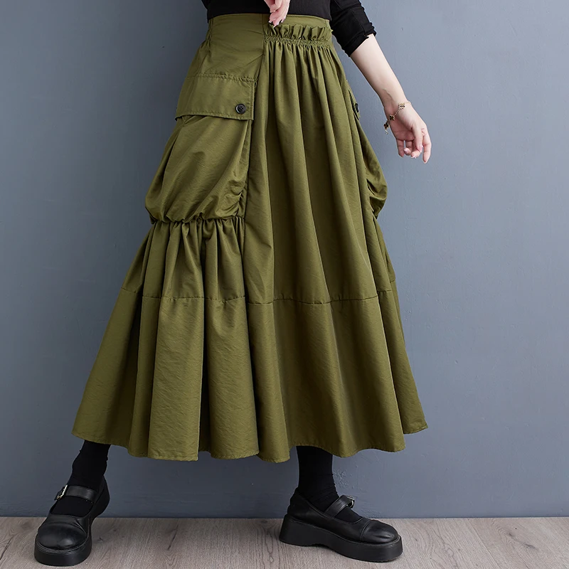 Gonna a trapezio a pieghe a vita alta Abbigliamento da lavoro patchwork da donna Vestibilità ampia con grandi kets Primavera Autunno Nuovo Sle
