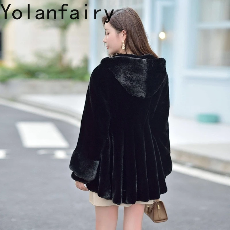 YOLANFAIRY Wysokiej Jakości Płaszcz z Naturalnego Futra Norki z Kapturem, Damska Zimowa Kurtka z Naturalnego Futra Norki, Średniej Długości Czarny Płaszcz Futrzany