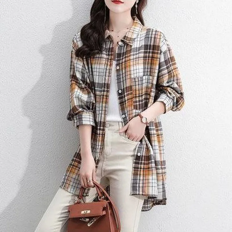 Spring Autumn Fashion New Long Sleeve Loose Plaid Blouse Women\'s Clothing Pockets Casual Single-breasted Turn-down Collar Shirt