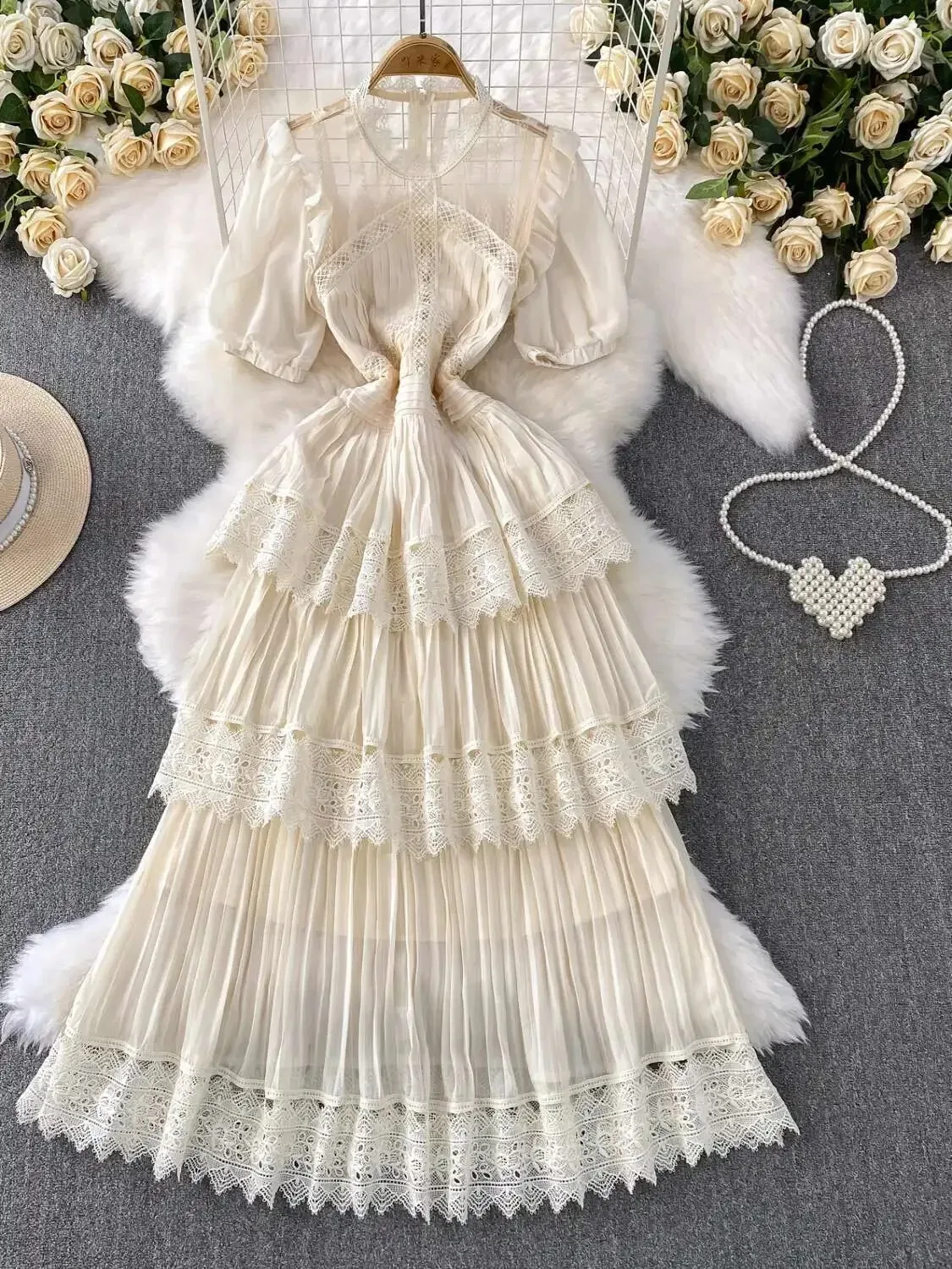 

Elegant Hollow Out Chiffon Midi Dress for Women, Summer Short Sleeve Party Evening Dress