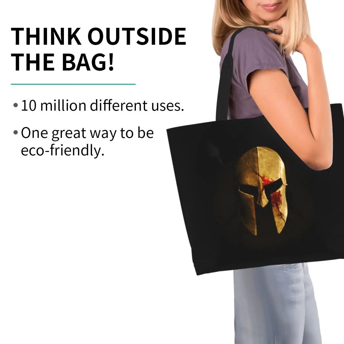 Recycling Spartan Helmet Sparta Skull Shopping Bag Women Canvas Shoulder Tote Bag Durable Grocery Shopper Bags