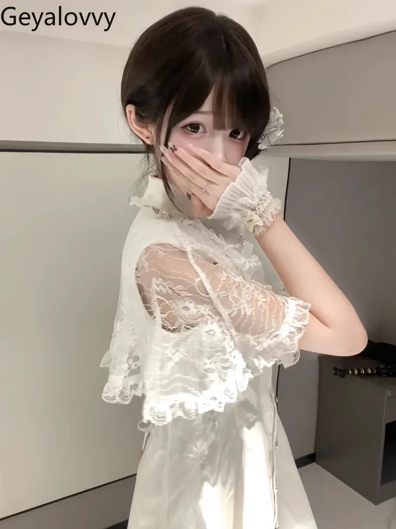 Japońska kopalnia słodkie słodkie dziewczyny biała koronkowa szalowa sukienka peleryna letnia koszulka z krótkim rękawem i pojedynczymi piersiami wyszczuplająca koszula z kokardką