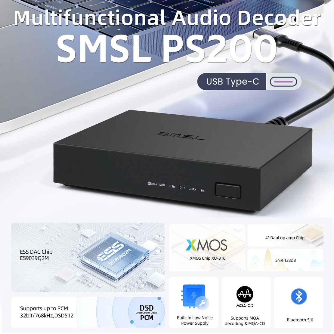 SMSL PS200 Mini Decoder ES9039Q2M MQA MQA-CD Decoding Bluetooth5.0 Hi-res Audio DAC 4PCS Dual Op Amps Decoder High-end for PS4 P