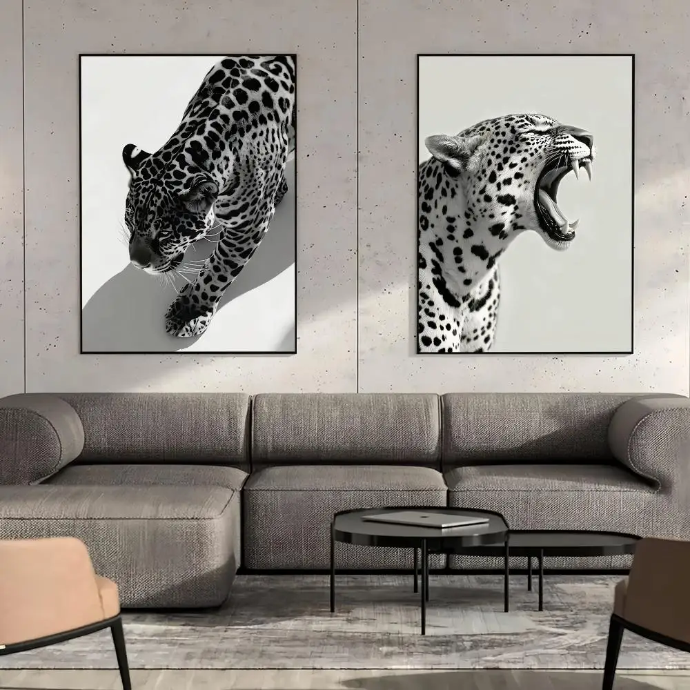 Leopard Roar Drinking Champagne Poster Black White Luxury Animal Canvas Wall Art Print for Living Room Modern Home Decor
