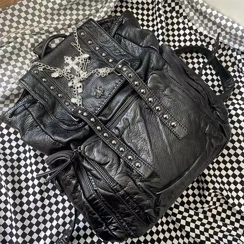 Gothic Punk Pu Leather Rivets Cross Backpack Big Capacity Handbag Fashion School Travel Backpack