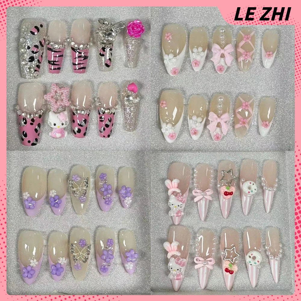 Summer Butterfly Flowers Press on Nail Art Blue Ocean Beach HelloKitty Handmade Pink Nude French Almond Square Coffin Fake Nails