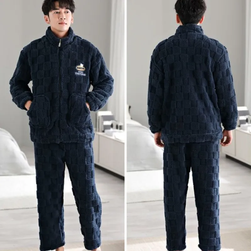 2024 New Coral Velvet Pajamas Men's Autumn Winter Fleece Thickened Zippers Sleepwear Warm Young Middle-aged People Loungewear