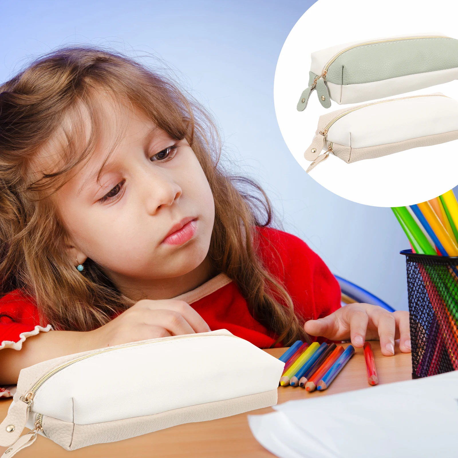 

2pcs Double Zipper PU Pencil Case Slim Cute Stationery Bag Large Capacity Pen Bags for Students Office Use
