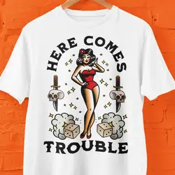 Old School Tattoo Flash T Shirt, Here Comes Trouble Tattoo Tee