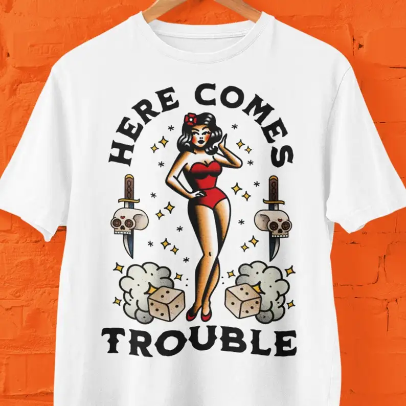 Old School Tattoo Flash T Shirt, Here Comes Trouble Tattoo Tee