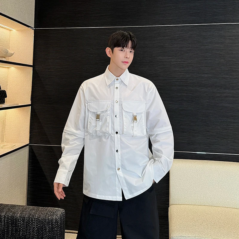 Men Removable Pocket Loose Casual Streetwear Fashion Long Sleeve Black White Cargo Shirts Women Oversize Blouses