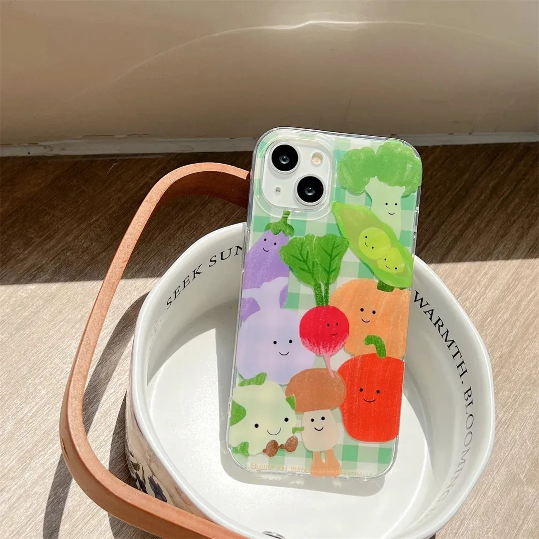 Cute Cartoon Green Vegetable Phone Case for Samsung Galaxy S26 S25 S24 S23 S22 S21 FE Ultra Plus 4G5G Feather Texture Back Cover