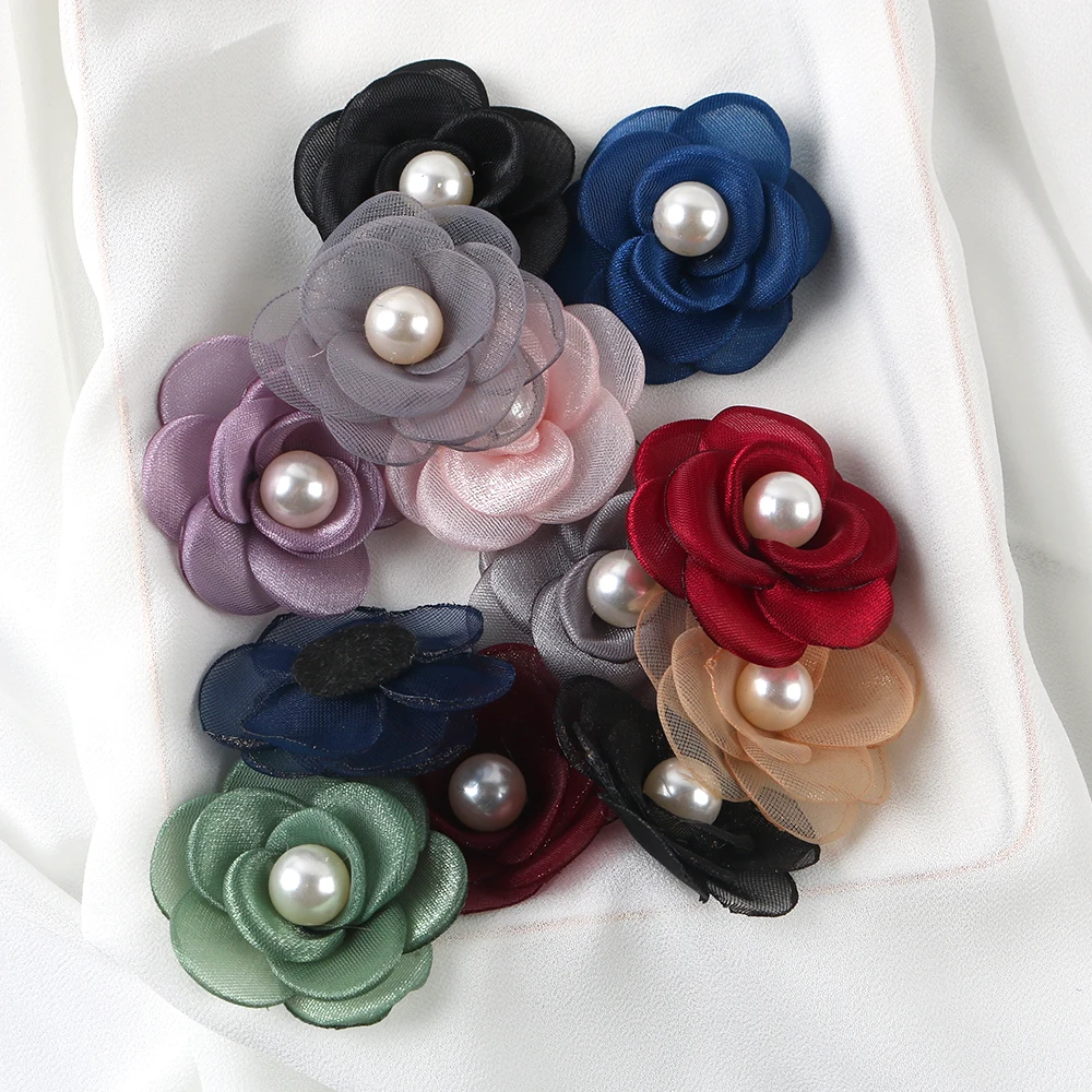 10pcs Fabric Pearl Rose Flower Diy Hairpin Headdress Brooch Garment Mesh Accessories Accessories