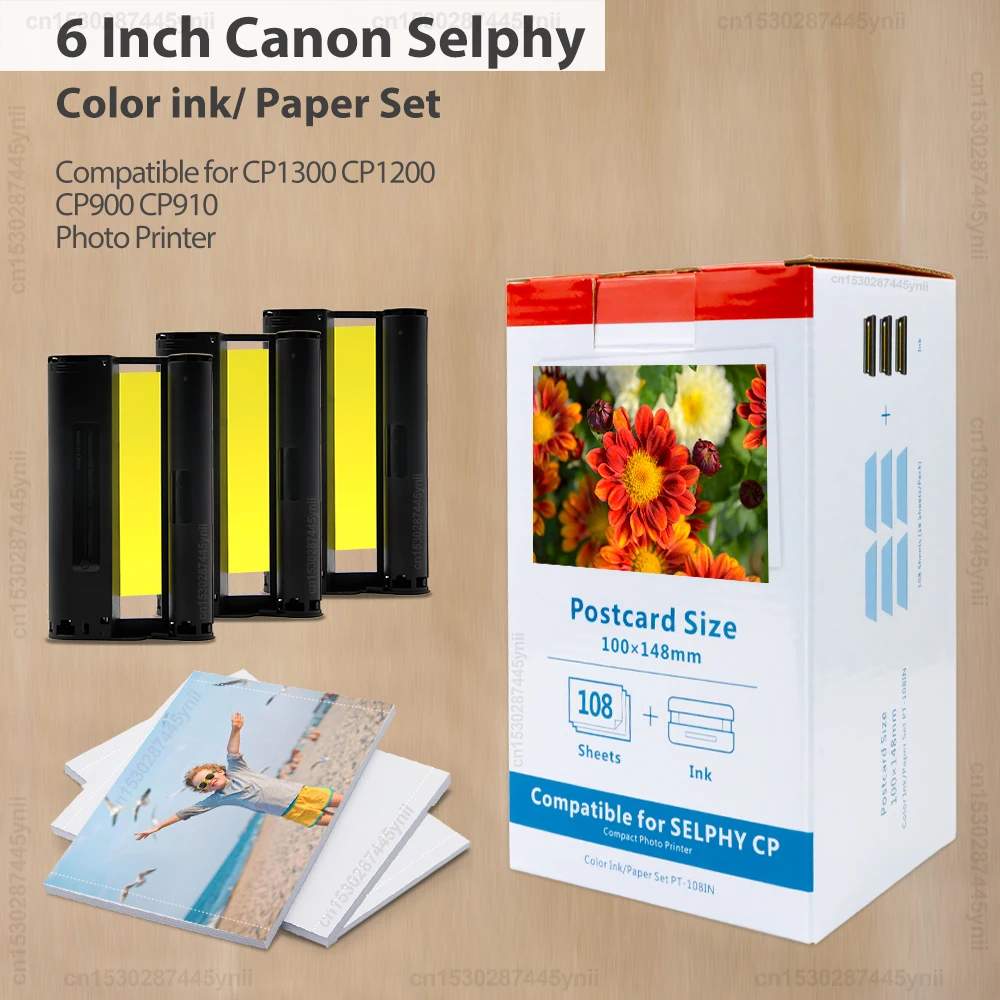 6 Inch Compatible Canon Selphy KP-108IN Color Ink Cartridge Photo Paper for Selphy Photo Printer CP1300 CP1200 CP1000 CP910 900