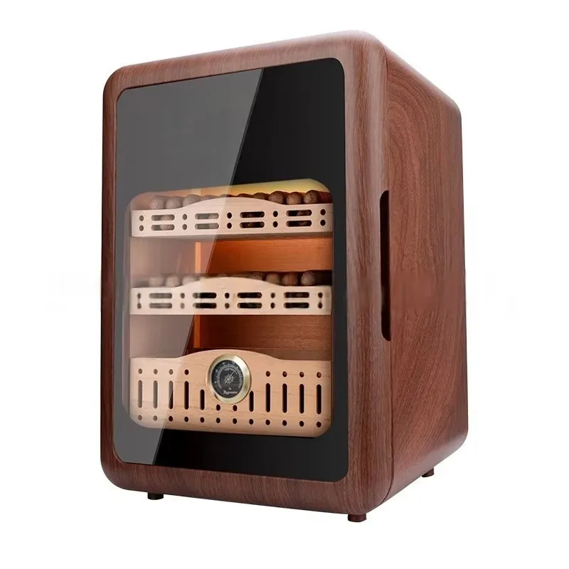 

Wholesale Custom Vintage Luxury Eco-Friendly Desktop Cigar Humidor Cabinet Electric Power Source Lacquer Cutter Wooden Box