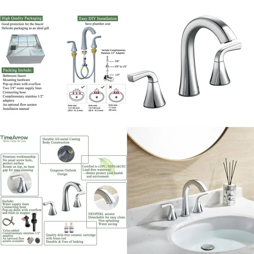 

8 Widespread Chrome Sink Faucet with 3 Holes, Pop-up Drain & Supply Lines, Lavatory Vanity Fixture TAF826-CP