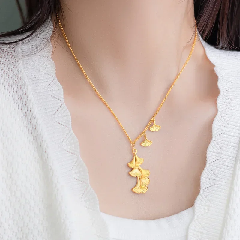 9999 Real Gold 24K Premium Yellow Gold Ginkgo Biloba Clavicle Necklace Niche Light Luxury Apricot Leaf Necklace