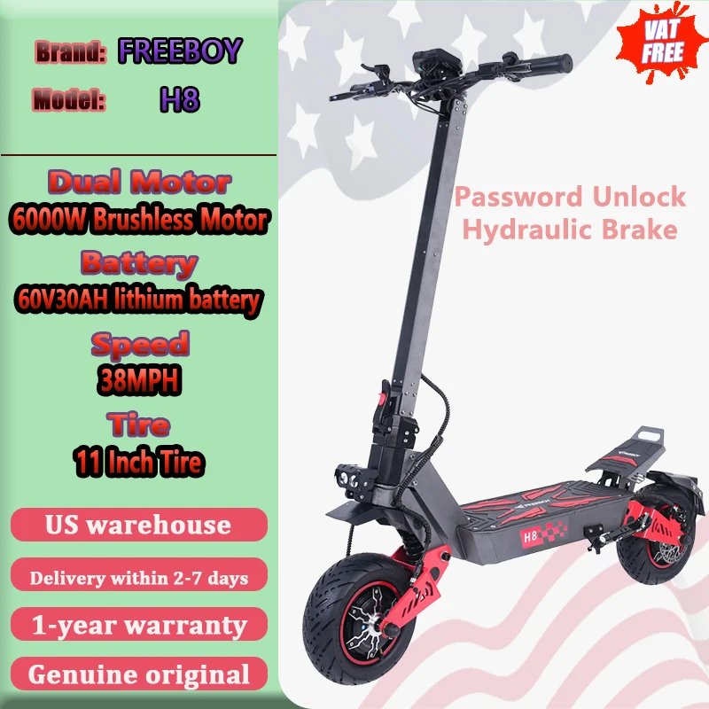 

FREEBOY H8 Electric Scooter 6000W Dual Motor 60V30AH Adult All-terrain Off-road Commuter E-Scooter 38 MPH 1-Year Warranty