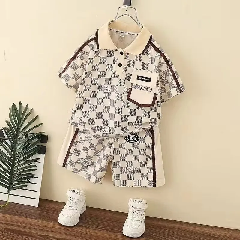 Toddler Infant Baby Boy Turn-down Collar Clothes Summer Plaid T-shirts Tops+Shorts 2pcs Boys Tracksuits Outfit for Kids 1-5T