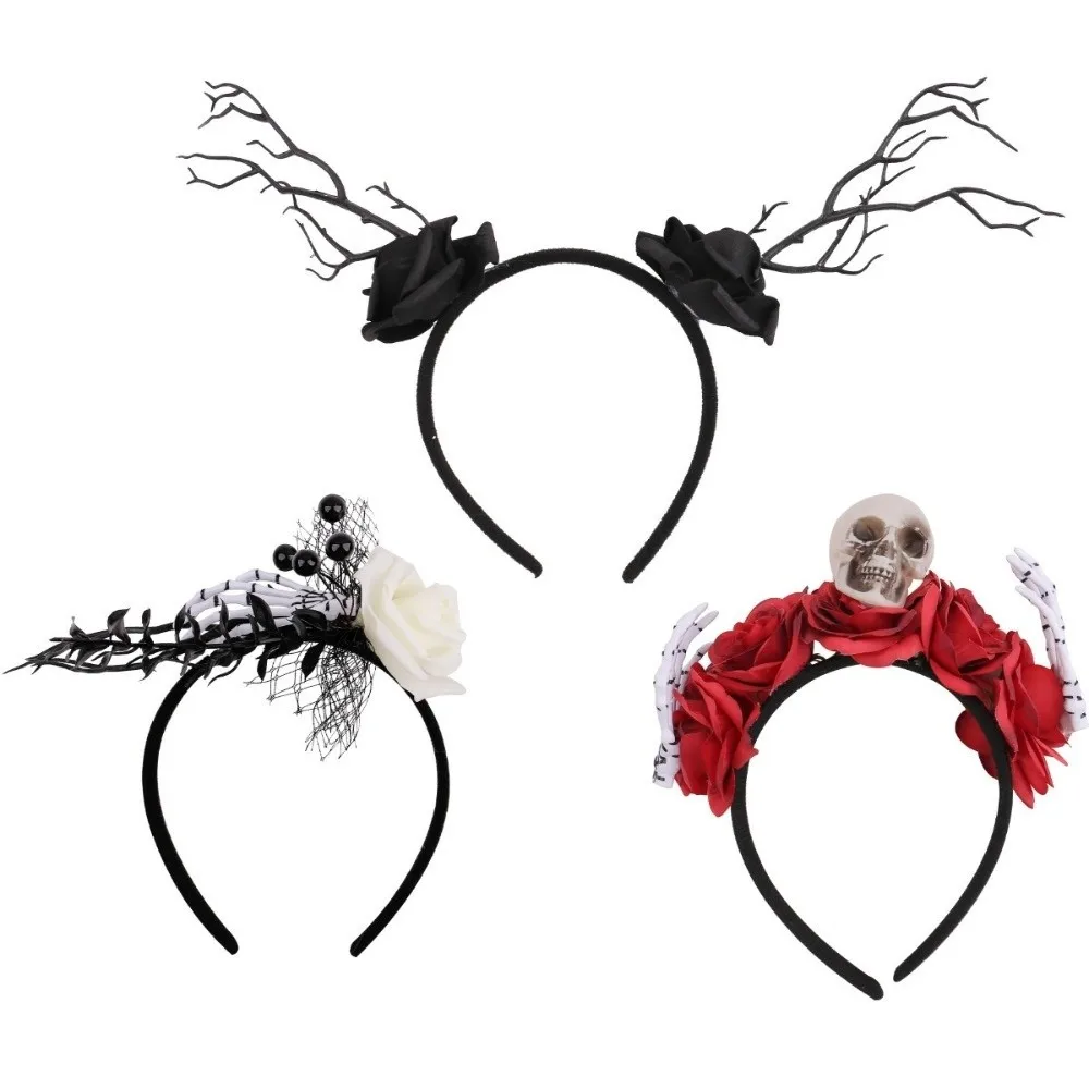 Divertida diadema de flores rosas para Halloween, aro para el pelo con calavera y rama de murciélago, corona de flores antideslizante gótica para Halloween, recuerdos de fiesta