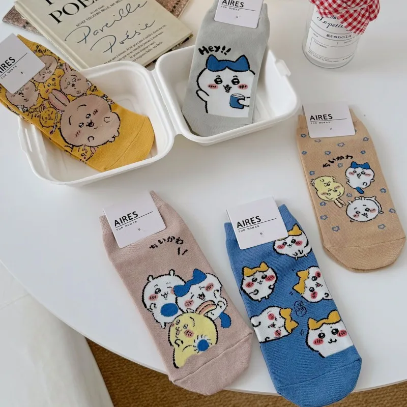 5 pares de calcetines Chiikawa Usagi Hachiware calcetines náuticos mujeres verano Casual calcetines tobilleros bajos algodón transpirable calcetín absorbente de sudor