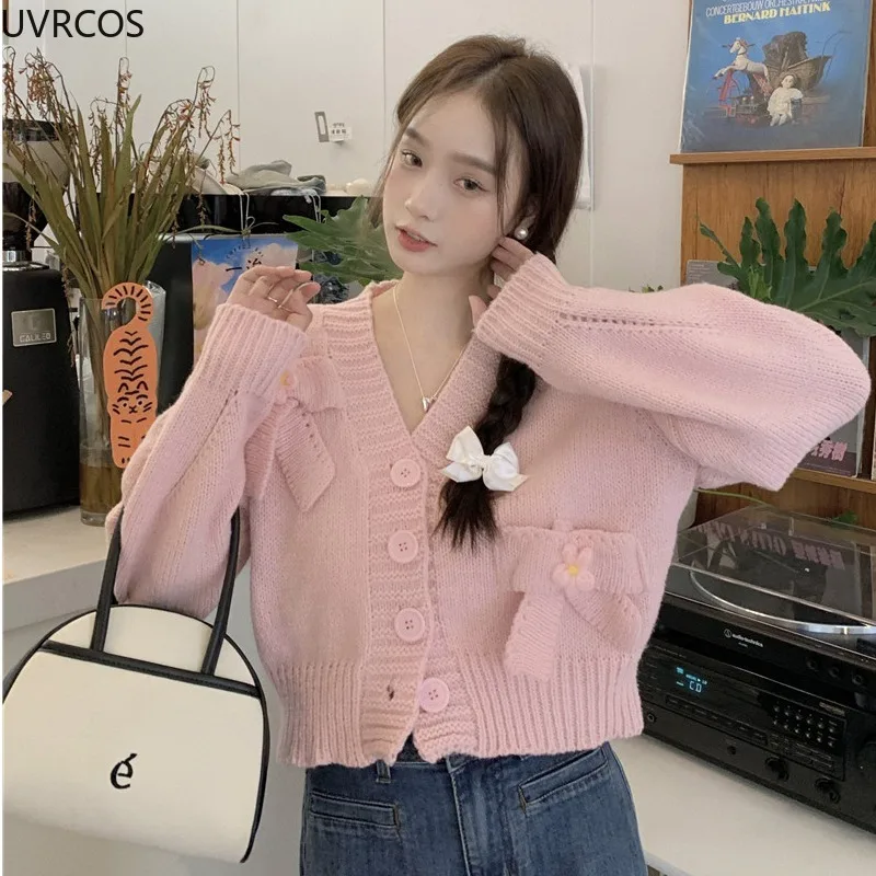 Autumn Winter Sweet Knitted Cardigan Women Vintage V-Neck Flowers Bow Full Sleeve Sweater Korean Style Loose Short Knitting Tops