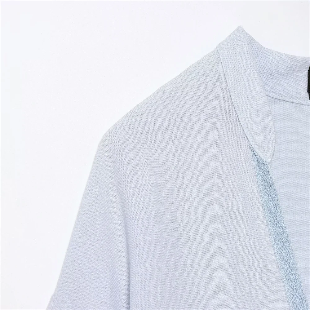 Damska jednokolorowa koronkowa krótka koszula z dekoltem w szpic i długimi rękawami, jednorzędowa, jesienna, nowa, modna koszula na co dzień