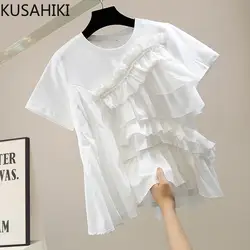 KUSAHIKI Fashion Irregular Ruffle Patchwork Graphic Tee Causal Korean Short Sleeve O-neck Woman Tshirts 2023 Summer New Tops