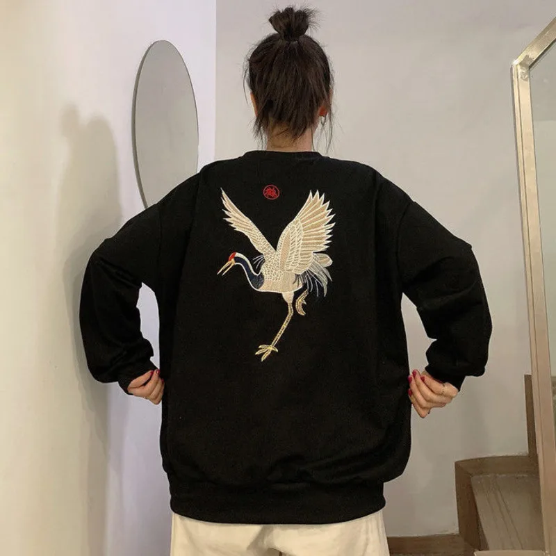 

Spring Autumn Chinese Style Crane Embroidered Oversized Hoodies Women Drop Shoulder Long Sleeve Pullovers Fashion Streetwear